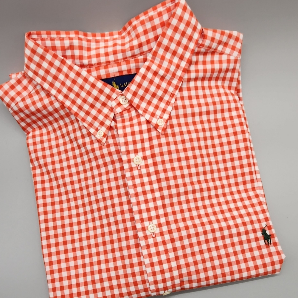 Polo Ralp Lauren dress shirt Orange checkered, dark green Polo horse.